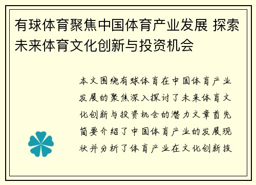 有球体育聚焦中国体育产业发展 探索未来体育文化创新与投资机会